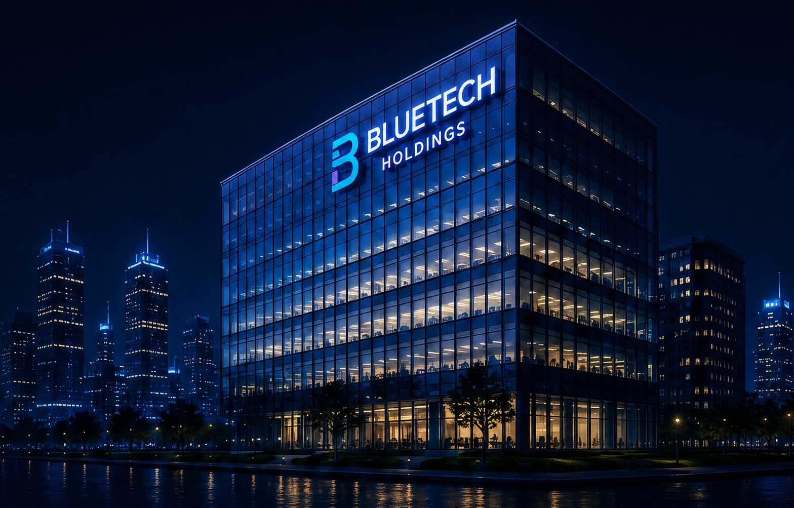BlueTech headquarters illuminated at night