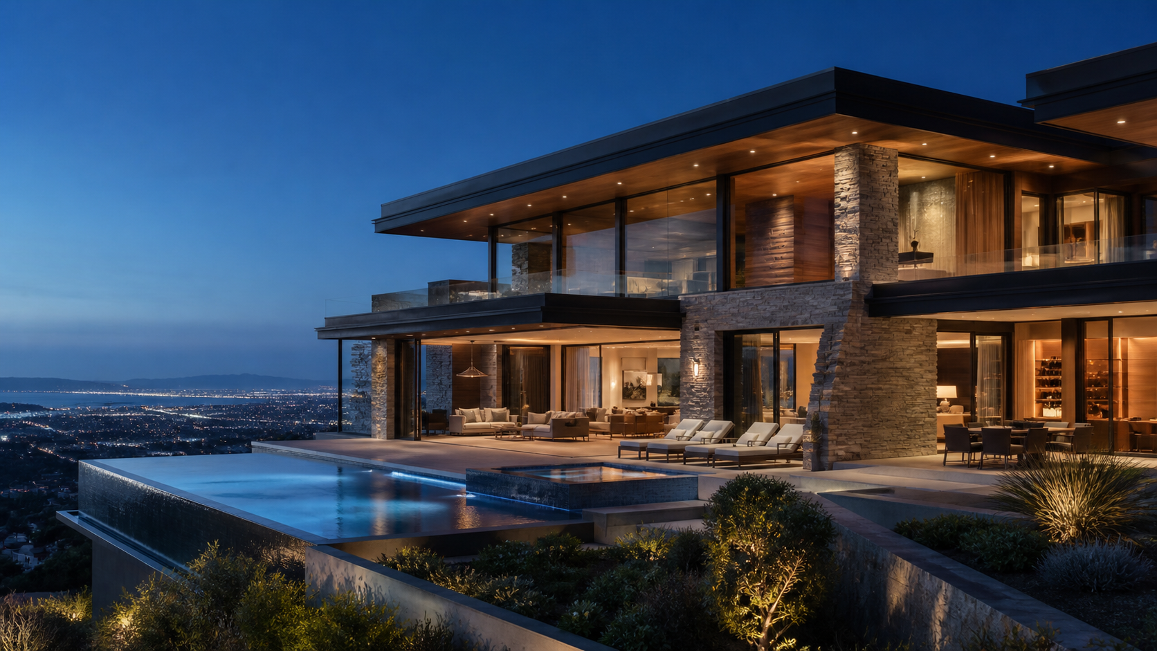 Modern hillside luxury estate at blue hour